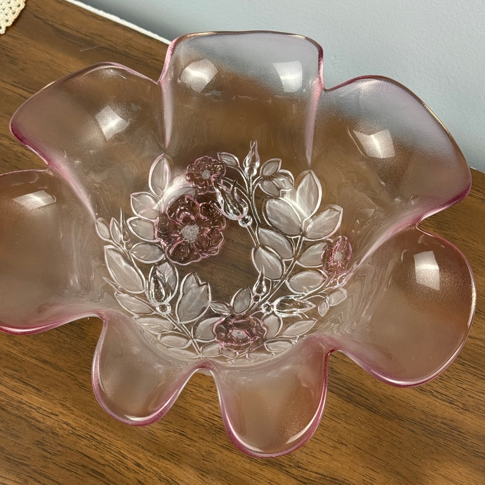 Vintage Frosted Pink Satin Glass Ruffled Rose Floral Centerpiece Bowl 11.25"